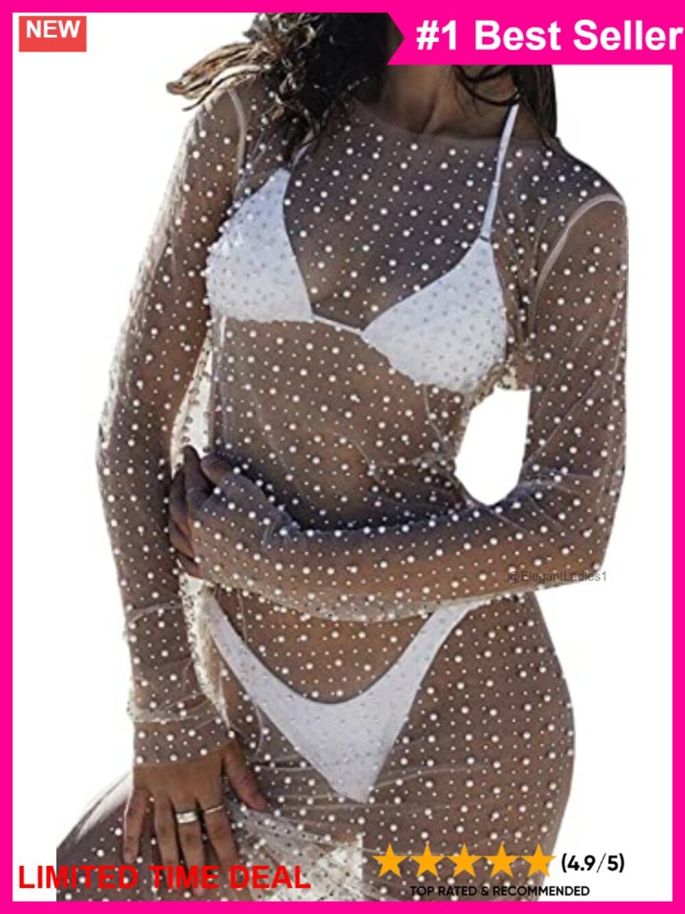 Sheer Mesh Pearl Rhinestone Long Sleeve Cover Up Beach Dress